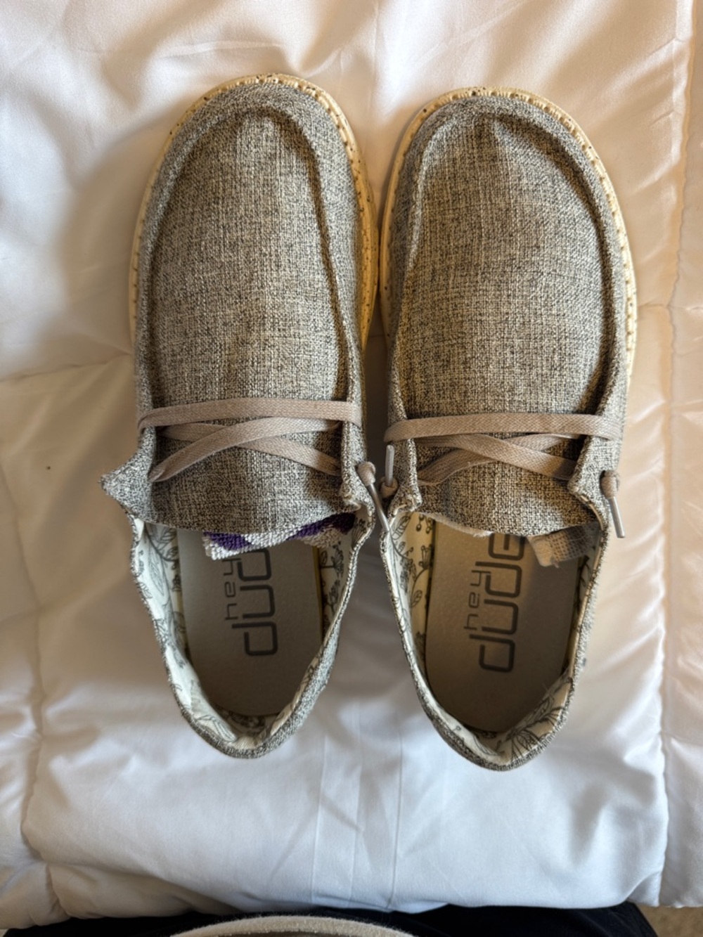 Hey Dude Linen Slip-On Loafers in Light Gray and Tan Trim